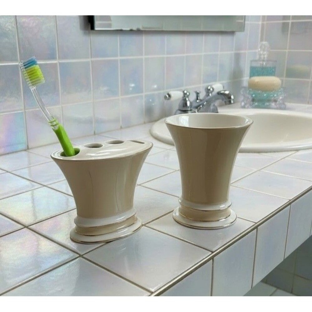 Beige White Gold Trim Ceramic Bath Set Toothbrush Holder Cup Soap Holder Decor - Picture 3 of 16